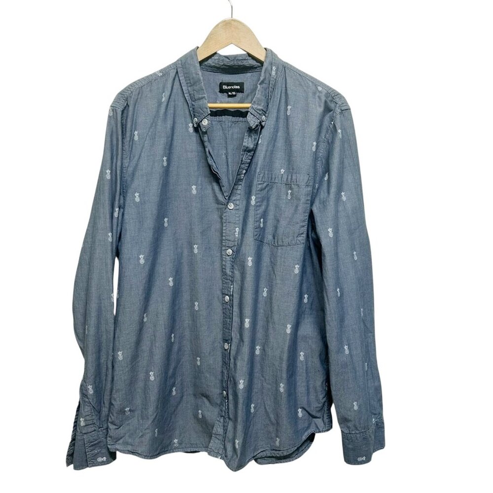 Bluenotes Blue Shambray Pineapple Print Long Sleeve Cotton Shirt Size XL